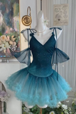 Evafashion Gradient Jade V-neck A-Line Tulle Short Party Dresses Sweetheart 16 Birthday Dress HZ1024
