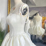 Evafashion White Square Neck A-Line Short Satin Birthday Evening Gowns Sweet Party Dress with Pearls HZ1024