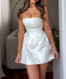 Evafashion White Strapless A-Line Jacquard Satin Short Prom Dresses Formal Evening Gowns HZ1024