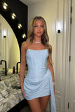 Evafashion Light Blue Strapless Bodycon Glitter Satin Short Prom Dresses Formal Evening Gowns HZ1024