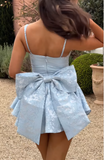 Evafashion Blue Spaghetti Straps A-Line Jacquard Satin Short Prom Dresses Sweetheart 17 Birthday Evening Gowns HZ1024