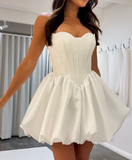 Evafashion White Strapless A-Line Satin Short Prom Dresses Fashion Homecoming Dress HZ1024