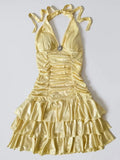 Evafashion Halter Yellow A-Line Satin Short Party Dress HZ1024