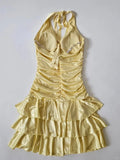 Evafashion Halter Yellow A-Line Satin Short Party Dress HZ1024