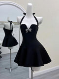 Evafashion Black Halter A-Line Satin Short Evening Gowns Sweet Homecoming Dress HZ1024