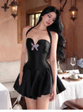 Evafashion Black Halter A-Line Satin Short Evening Gowns Sweet Homecoming Dress HZ1024