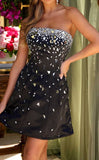 Evafashion Black Strapless A-line Satin Short Evening Gowns Sweet 17 Dress with Diamonds HZ1024