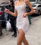 Evafashion White Square Neck Sheath Beaded Short Wedding Dress Birthday Evening Gowns HZ1024