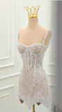 Evafashion White Square Neck Sheath Beaded Short Wedding Dress Birthday Evening Gowns HZ1024