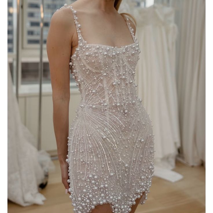 Evafashion White Square Neck Sheath Beaded Short Wedding Dress Birthday Evening Gowns HZ1024