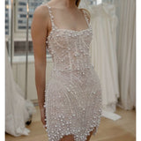 Evafashion White Square Neck Sheath Beaded Short Wedding Dress Birthday Evening Gowns HZ1024