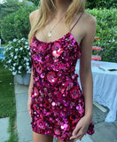 Evafashion Deep Fuchsia Spaghetti Strap Sheath Sequin Short Party Dressees HZ1024