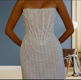 Evafashion White Strapless Bodycon Beaded Short Evening Dress Birthday Party Dress HZ1024