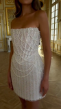 Evafashion White Strapless Bodycon Beaded Short Evening Dress Birthday Party Dress HZ1024