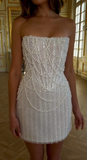 Evafashion White Strapless Bodycon Beaded Short Evening Dress Birthday Party Dress HZ1024