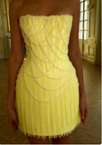 Evafashion White Strapless Bodycon Beaded Short Evening Dress Birthday Party Dress HZ1024