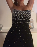 Evafashion Black Strapless Sheath Satin Beaded Short Party Dresses Fashionable Homecoming Dress HZ1024