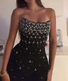 Evafashion Black Strapless Sheath Satin Beaded Short Party Dresses Fashionable Homecoming Dress HZ1024