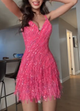Evafashion Hot Pink Spaghetti Straps A-Line Beaded Sequins Short Prom Dresses Fashion Party Dresses HZ1024