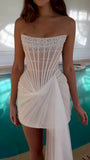 Evafashion White Strapless Sheath Tulle Beaded Short Evening Gowns Fashion Homecoming Dress HZ1024