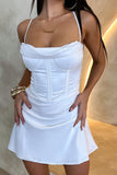 Evafashion White Halter Sheath Satin Short Birthday Party Dresses with Backless HZ1024