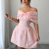 Evafashion Pink Off-the-shoulder A-Line Jacquard Satin Short Evening Gowns Party Dresses HZ1024
