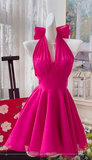 Evafashion Fuchsia Halter Neck A-Line Chiffon Short Party Dress Cocktail Outfit HZ1024