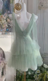 Evafashion Light Green V-neck A-Line Layed Tulle Short Prom Dresses Sweet 16 Evening Gowns HZ1024