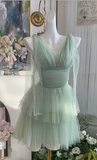 Evafashion Light Green V-neck A-Line Layed Tulle Short Prom Dresses Sweet 16 Evening Gowns HZ1024
