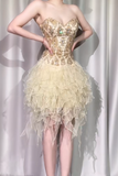 Evafashion Gold Strapless A-Line Beaded Tulle Short Prom Dresses Gorgeous Homecoming Dresses HZ1024