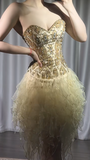 Evafashion Gold Strapless A-Line Beaded Tulle Short Prom Dresses Gorgeous Homecoming Dresses HZ1024