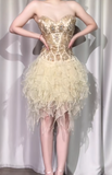 Evafashion Gold Strapless A-Line Beaded Tulle Short Prom Dresses Gorgeous Homecoming Dresses HZ1024