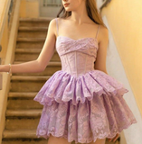 Evafashion Purple Spaghetti Straps A-Line Lace Applique Short Birthday Evening Dress Princess-like Homecoming Dress HZ1024