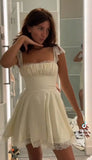 Evafashion White Square Neck A-Line Satin Lace Short Party Dress HZ1024