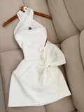 Evafashion White Halter A-Line Satin Short Party Dresses with Bow HZ1024