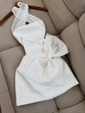Evafashion White Halter A-Line Satin Short Party Dresses with Bow HZ1024