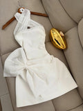 Evafashion White Halter A-Line Satin Short Party Dresses with Bow HZ1024