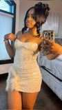 Evafashion White Strapless Bodycon Sequined Short Party Dresses Homecoming Dress with Slits HZ1024