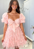 Evafashion Pink Sweetheart Neck A-Line Tulle Applique Short Prom Dresses Sweet Homecoming Dress HZ1024