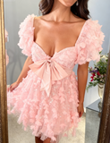 Evafashion Pink Sweetheart Neck A-Line Tulle Applique Short Prom Dresses Sweet Homecoming Dress HZ1024
