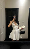Evafashion White V-neck A-line Satin Short Birthday Dress Pool Party Dress HZ1024