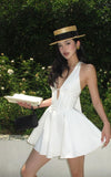 Evafashion White V-neck A-line Satin Short Birthday Dress Pool Party Dress HZ1024