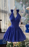 Evafashion Navy Blue Halter A-Line Short Party Dress Sweet 16 Dress with Open Back HZ1024