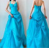 Evafashion Blue Halter Neck A-Line Tulle Long Prom Dresses Sweet 20 Evening Gowns HZ1024
