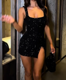 Evafashion Black Sequins Square Neck Sheath Short Evening Gowns Elegant Party Dresses HZ1024