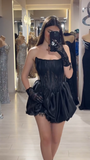 Evafashion Black Strapless A-Line Satin Lace Short Evening Dress Fashion Birthday Party Dress HZ1024