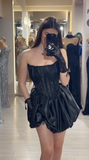 Evafashion Black Strapless A-Line Satin Lace Short Evening Dress Fashion Birthday Party Dress HZ1024