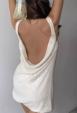 Evafashion White Straps Sheath Sequin Beading Short Evening Dress Backless Party Dress HZ1024