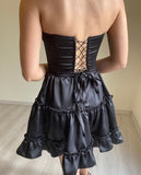 Evafashion Black Strapless Bodycon A-Line Satin Short Party Dress Fashionable Homecoming Dress HZ1024