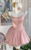 Evafashion Pink Spaghetti Straps A-Line Tulle Satin Short Sweet 16 Dresses Birthday Party Dress HZ1024